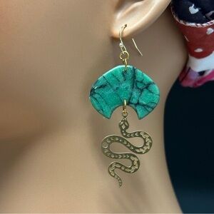 Unique Gold Tone Snake And Resin Green Marble Dangle Earrings